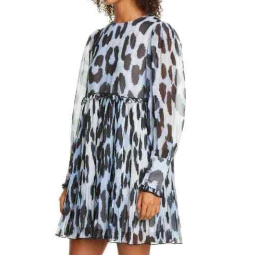 Ganni Georgette pleated long sleeve chiffon dress blue leopard animal print 34